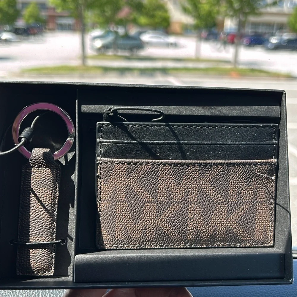 Michael Kors Mens Card Case and Keychain Gift Set Brown MK Logo Signature Boxed